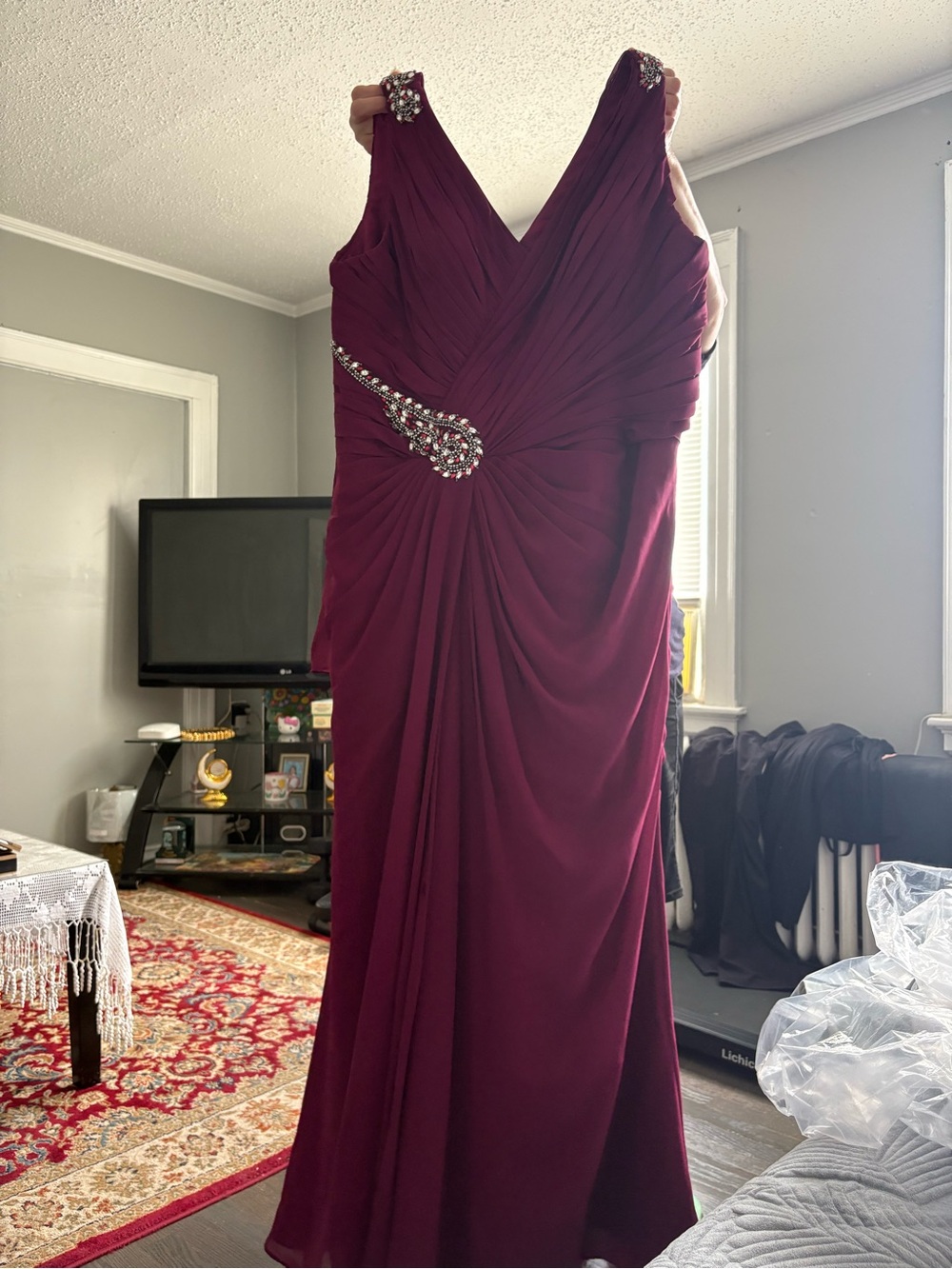La Perla Deep Burgundy Pleated V-Neck Maxi Gown with Crystal Accent